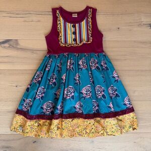 Wildflowers Clothing Girls Mixed Media Floral Stripe Dress Burgundy Teal Size 10